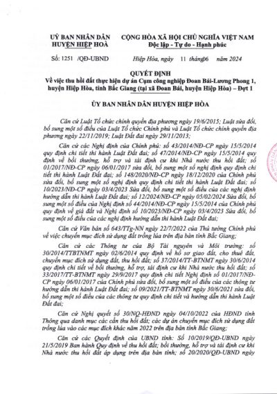 Quyết định thu hồi đất thực hiện dự án CCN Đoan Bái-Lương Phong 1, Hiệp Hòa, Bắc Giang (Tại xã Đoan Bái) – Đợt 1